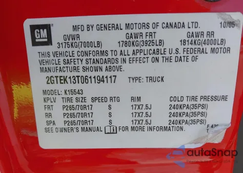 2006 GMC Sierra 1500 Slt z USA, uszkodzony, nr VIN 2GTEK13T061194117